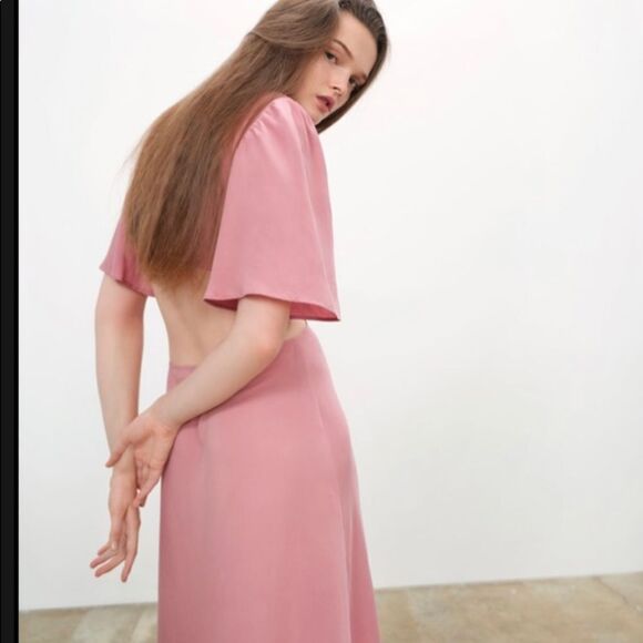 NEW ZARA Y2K boho pink cut out tied front Short sleeves buttons midi dress M - Picture 3 of 13